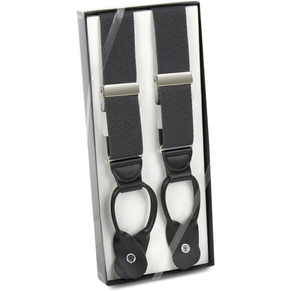 Hold’Em 1 3/8” Twill Elastic Suspenders for Men Leather Trimmed Button - Grey - Picture 2 of 7